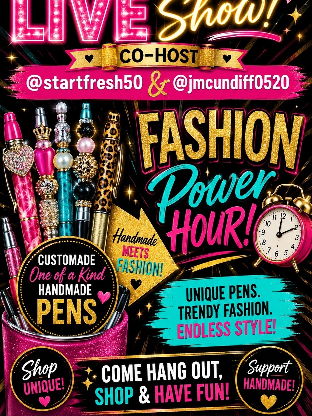 Fashion Power Hour Handmade Pens - Pink & Gold